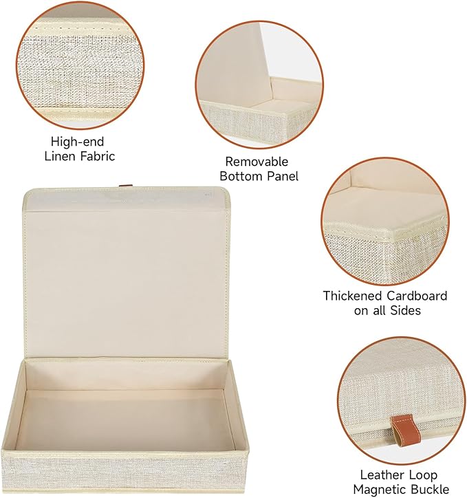 ORGMASTER Photo Storage Boxes with Lids, Memory Box for Keepsakes, Picture Organizer Versatile Linen Containers Basket Collapsible Bin for Organizing Home Office, 2 Pack, 14x10.8x2.5 Inch, Beige