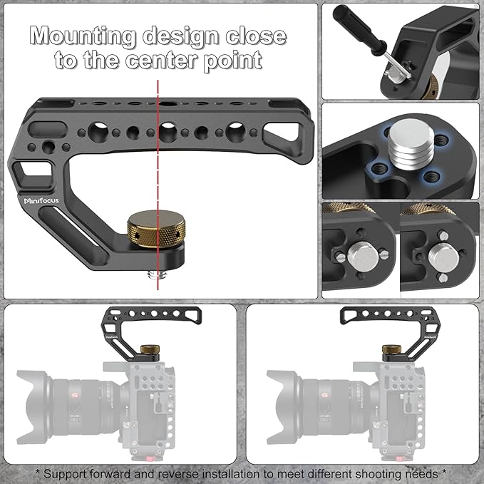 Camera Top Handle with 3/8"-16 Locating Pins for ARRI Grip for Camera Cage, Universal Top Handgrip with 5 Cold Shoe Adapters, Ergonomic Design, 1/4" and 3/8" Threads with Microphone/LED Light/Monitor