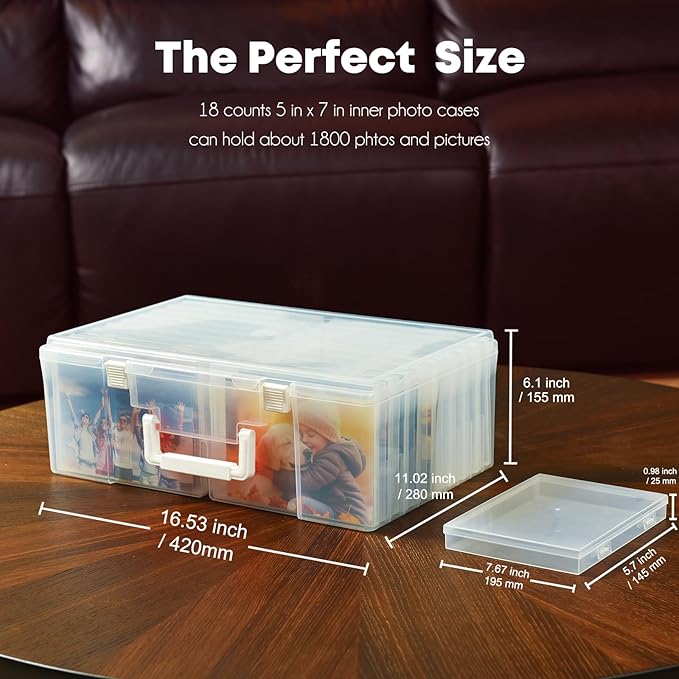 ALINK Photo Storage Box 5" x 7" with Handle, 18 Pcs Clear Photo Containers Organizer and Craft Keeper, Portable Picture Case with Label for Arts, Crafts, Sewing, Stickers, Office Supplies