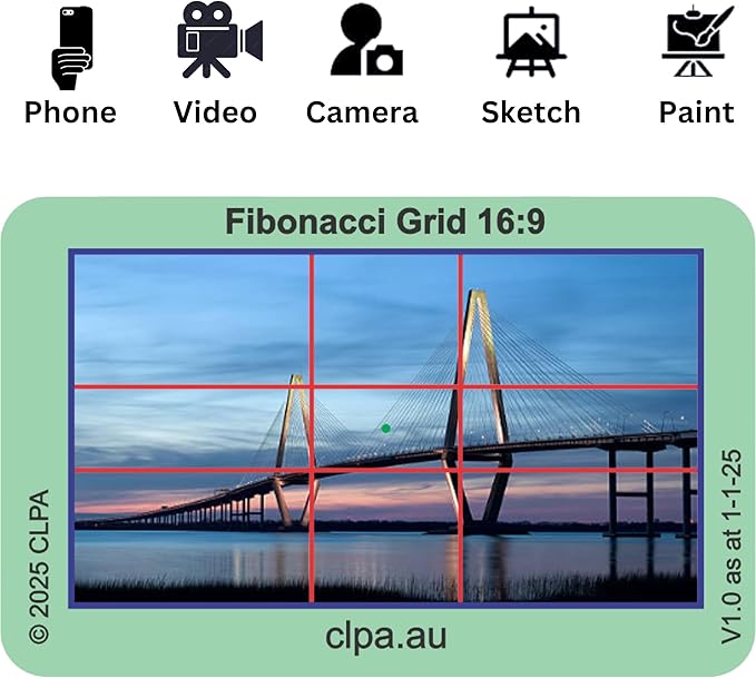 CLPA Fibonacci Grid Viewfinder: Credit Card-Sized Composition Grids for Video, Photography & Art in 4:3, 3:2, & 16:9