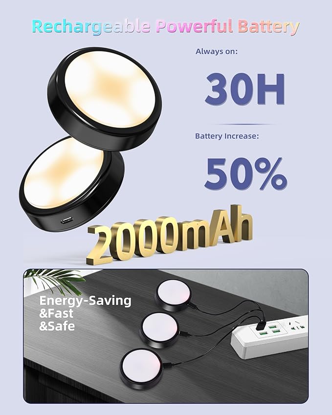 HOLKPOILOT Puck Lights with Remote, Under Cabinet Lights,2000mAh Battery Operated Closet Lights, Magnetic Under Cabinet Lighting Wireless, 3 Color Temps &7 RGB Colors, Black Rechargeable Puck Lights.