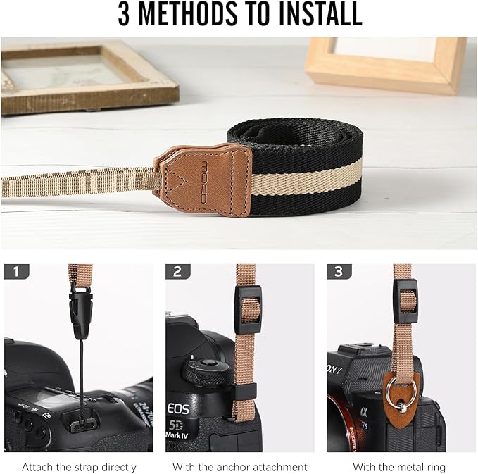 MoKo Camera Strap, Cotton Woven Camera Strap, Adjustable Universal Neck & Shoulder Strap for Video Camcorder, Binoculars, and Nikon/Canon/Sony/Minolta/Panasonic/SLR/DSLR Digital Cameras, Black & Beige