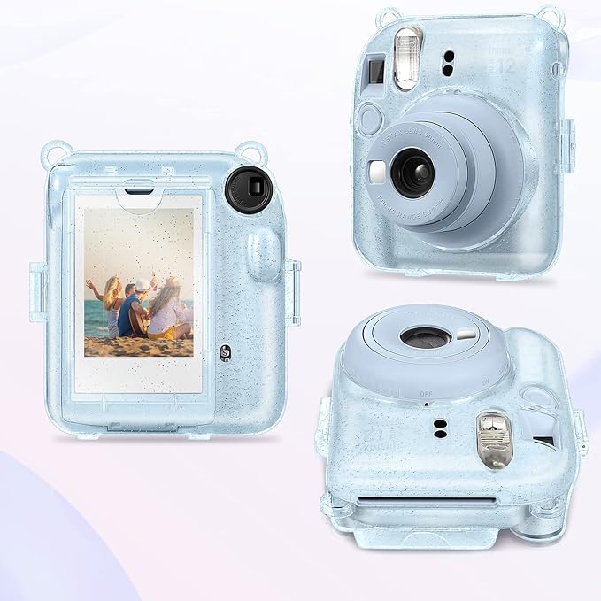 Fintie Protective Clear Case for Fujifilm Instax Mini 12 Instant Camera - Crystal Hard Shell Cover with Upgraded Film Pocket for Storing Photos & Removable Shoulder Strap