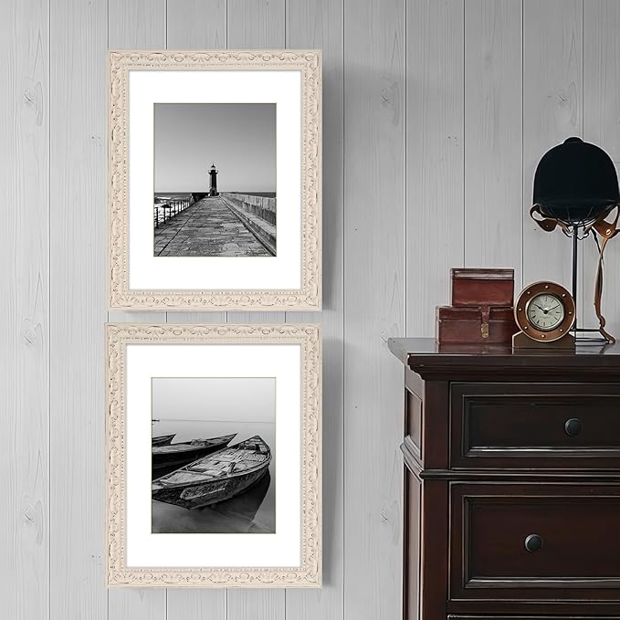 11x14 in Distressed Wood Off-white Vintage Antique Farmhouse Picture Frame, Museum Grade Off White Mat 8x10, Real Glass Protection, Wall Hanging Photo Display, Washed White
