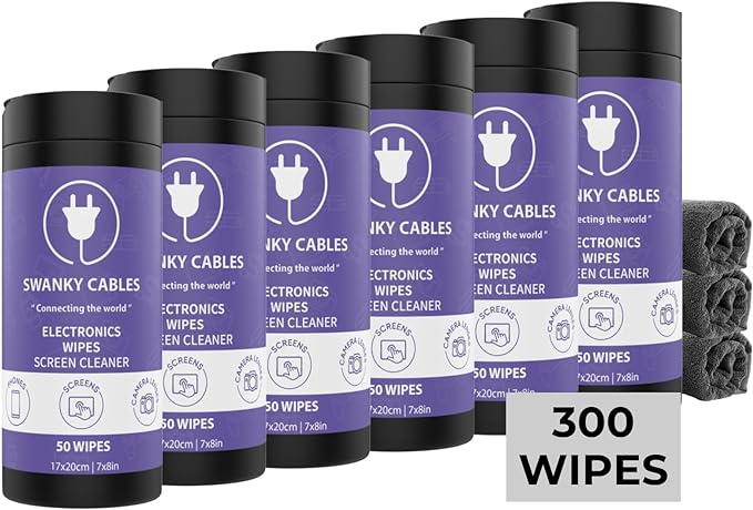 Swanky Cables Screen Cleaner Wipes: Electronic Wipes for Screens - Computer Screen Wipes for Lens, Phone, Tv Screen and Monitor Cleaning - Tech Wipes & Microfiber Cloth (Canister, 300 Count)