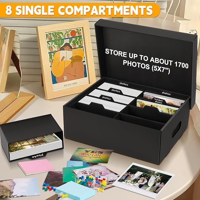 ATPWONZ 2 PCS Photo Storage Box for 5"x7" Photos, with 16 Inner Picture Boxes, 15“ x 10.3“ x 6.1“ Photo Organizer Box, Portable Scrapbook Photo Boxes with Lid, for Photo Stickers Stamps Seeds(Black)