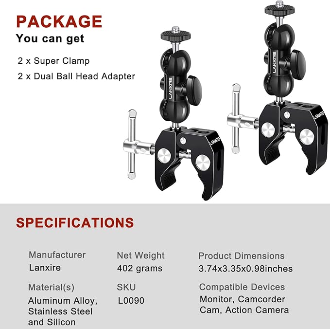 Super Clamp Camera Mount with Double Ball Head Magic Arm and 1/4" Screw - 360° Rotation - Fits for Camera, GoPro, Insta360, Action Camera, Monitor, Microphone - 1/4" and 3/8" Threaded Holes