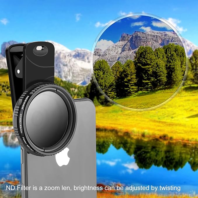 NEEWER 37mm Clip On ND2-ND400 Phone Lens ND Filter Kit: Variable Neutral Density Filter with Phone Clip Compatible with iPhone 15 14 13 Samsung S24 S23 S22 Ultra Android Smartphones iPad