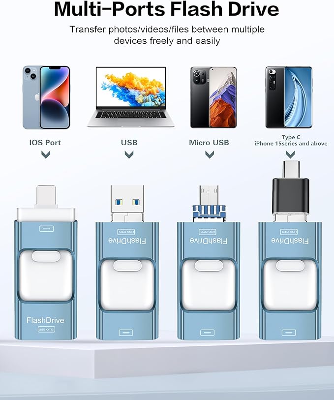 128GB Flash Drive for iPhone Photo Stick,Thumb Drive USB Stick High Speed Transfer USB Drives External Picture Video Storage Memory Expansion for iPhone/iPad/PC (Blue)