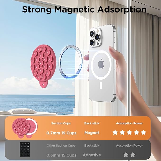 Magnetic Suction Cup Phone Mount with MagSafe, Silicone Hands-Free Grip Holder for iPhone Case and Android, Mirror Shower Phone Stand for Makeup FaceTime Gym Kitchen Bathroom, Camellia Red