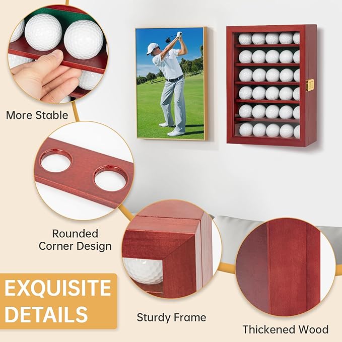 Golf Ball Display Case, Solid Wood Golf Ball Holder, Wall Mounted Golf Ball Rack with Acrylic Door for Golf Enthusiasts (Mahogany, for 30 Golf Balls)