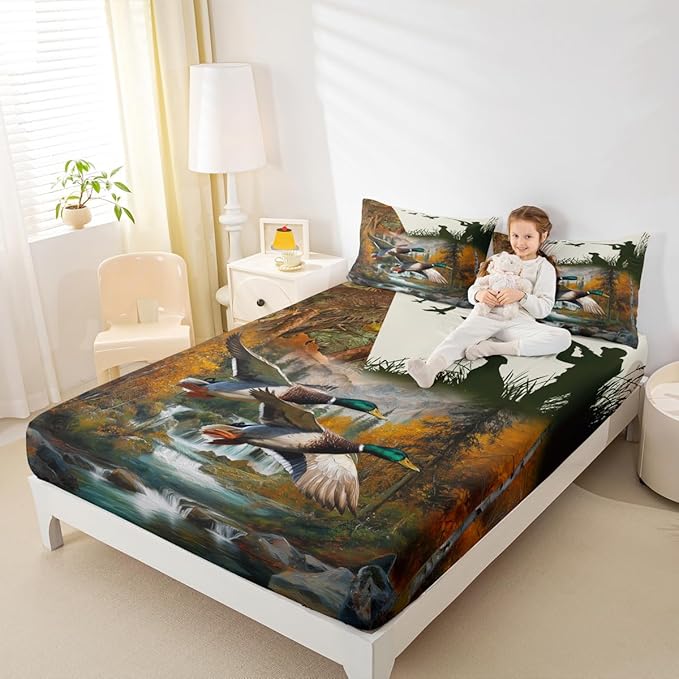 Erosebridal Duck Hunting Sheets Wild Animal Mallard Duck Bed Sheets Hunting Theme Fitted Sheet Dog Hunter Flat Sheet Wildlife Flying Duck Bedding Sets Dog Rustic Farmhouse Sheets King Size 4 Pcs