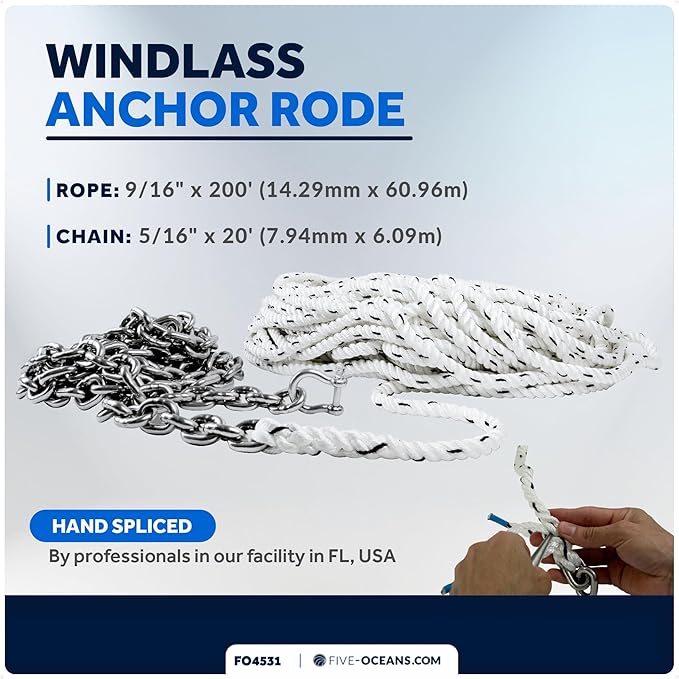 Five Oceans Windlass Anchor Rode, Hand-Spliced Anchor Rope and Chain Combination Kit, Nylon 3-Strand Rope, HT G4 Stainless Steel Chain for Boat Anchor System - Multiple Sizes