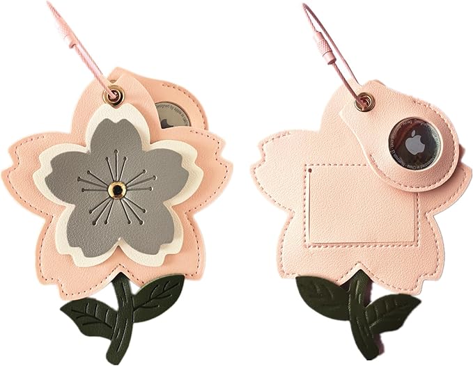 Cute Leather Luggage Tag Holder with Airtag Case Set,Hidden Compartment for AirTag Travel Suitcase Tracking Case with Stainless Steel Loop,Name ID Label(Grey Cherry Blossoms)