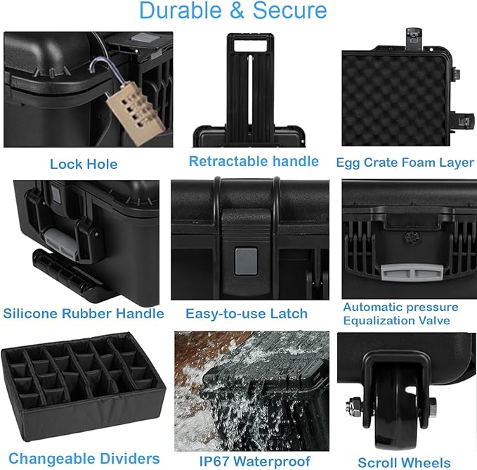 Waterproof Camera Cases, 24 x 17.5 x 10 Inch, Travel Rolling Case with Padded Dividers for Cameras, Lenses, Drones, Gear, equipment, Shockproof,Airline Carry-On, Inner 20.79"x 14.57" x 7.48"