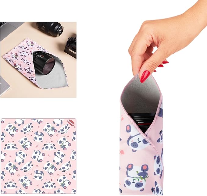 13.8x13.8 Inch Camera Protective Wrap, Lens Protector Wrapper, Pink Panda Pattern Magic Self-Adhesive Cloth for Camera/Lens/Phone/DSLR/Laptop/Accessories, Anti Scratch Equipment Wrap Storage Pouch