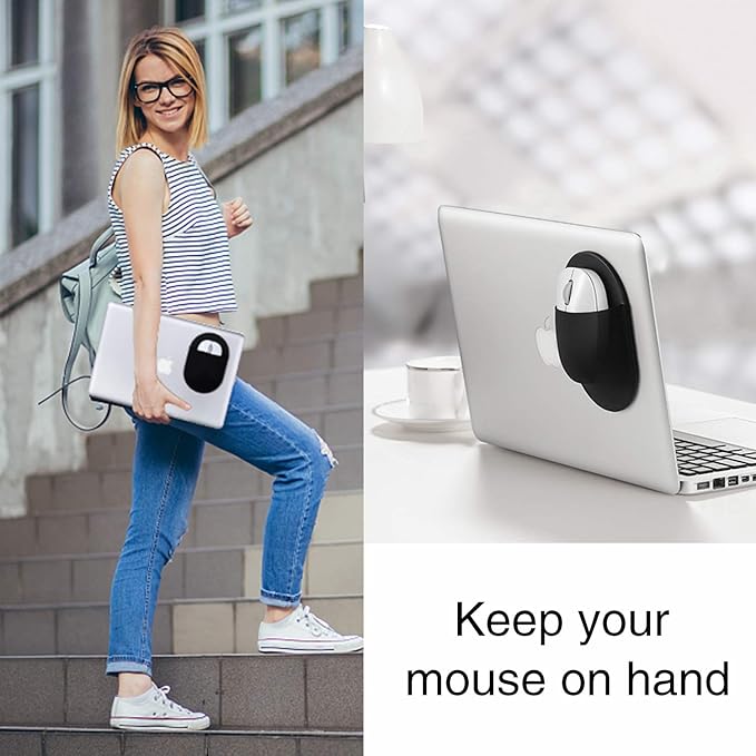 Epessa Universal Stick-On Mouse Pouch, Holder for Wireless Mouse, Sleeve for Laptop, Reusable Adhesive, No Glue Residue, Compatible with iPad or MacBook (Black)