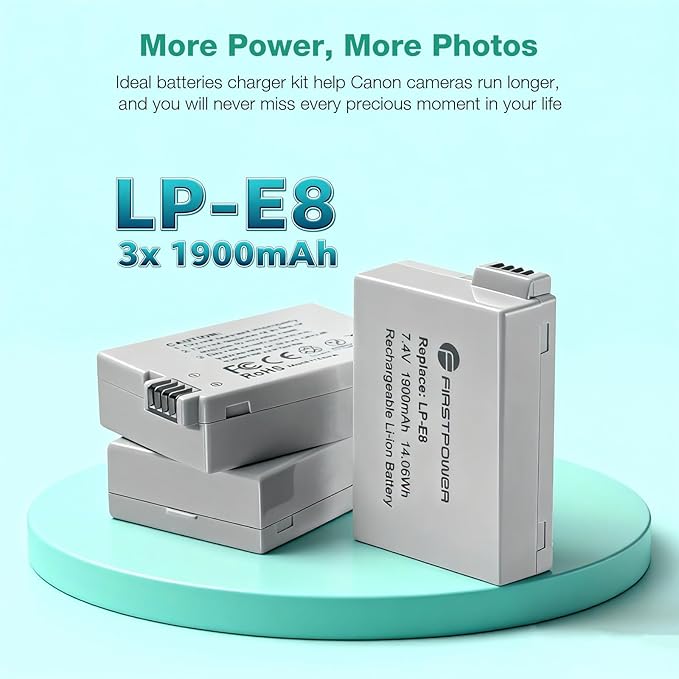FirstPower LP-E8 Battery 3-Pack and Triple Slot Charger Compatible with Canon EOS Rebel T2i, T3i, T4i, T5i, 550D, 600D, 650D, 700D, Kiss X4, Kiss X5, Kiss X6 Digital Cameras