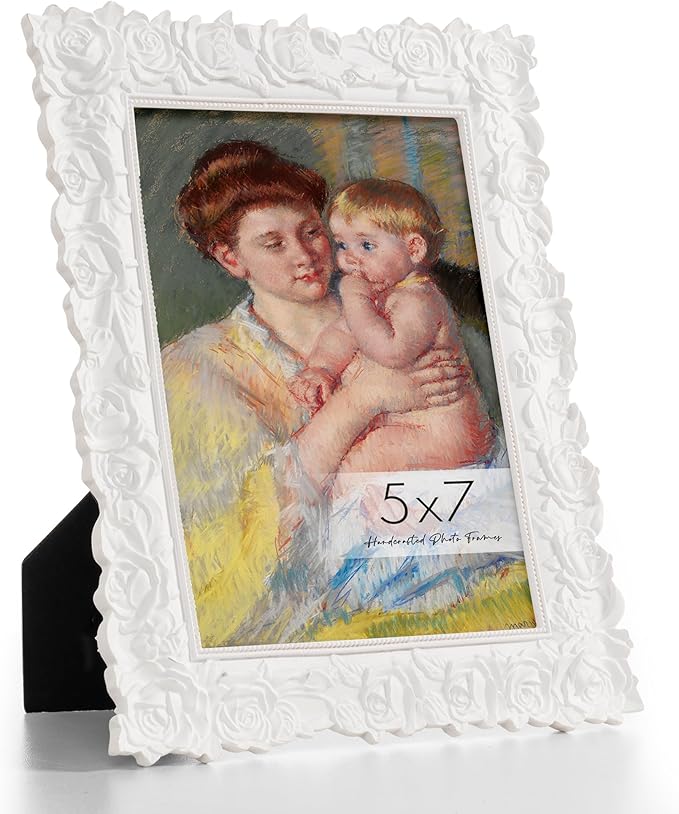 Axeman Vintage Picture Frames 5x7 | 5 x 7 Antique Picture Frame with Real Glass | Ornate Rose 5x7 Frame for Wall & Tabletop Display | Retro 5 by 7 Frame - White