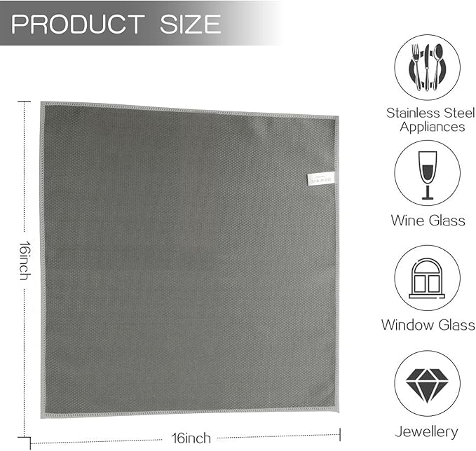 SINLAND Microfiber Glass Cleaning Cloths for Window, Car Windows, Mirrors, Eye Glass, Lens and Stainless Steel, Lint Free, Streak Free, 6-Pack, 16x16 Inch, Grey
