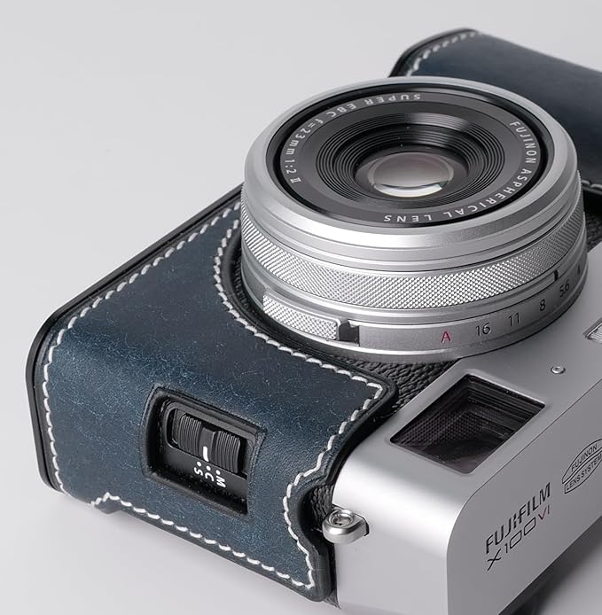 Genuine Leather Camera Half Case for Fujifilm X100VI - Top Layer Cowhide Body + Metal Base Plate - Hand Shank Free Design (Dark Blue)