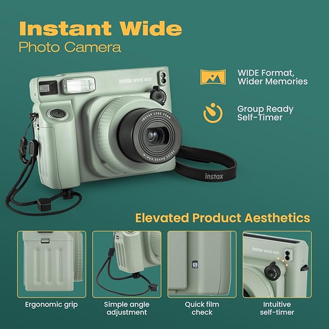 FUJIFILM instax Wide 400 Instant Film Camera Bundle with Instax Wide Film, Sage Green Leather Case, 28-Photo Album, Close-Up Lens, Shoulder Strap, Batteries, and Camera Accessories