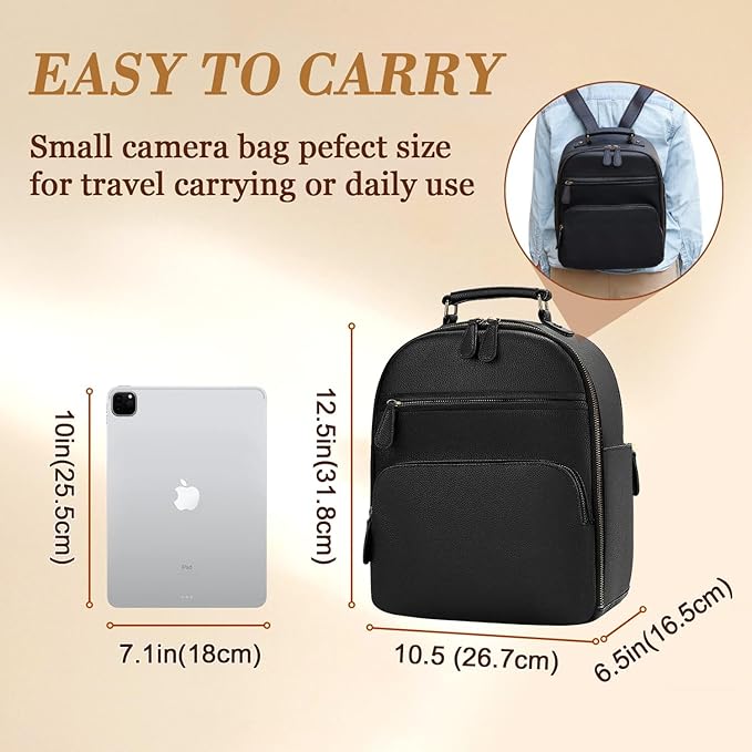 Small Camera Backpack Classic PU Leather for DSLR, Professional Camera Bag for Photographers with 11 Inch Pad/Tablet Compartment Small 10L Black
