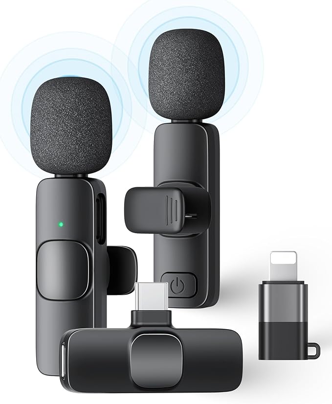 2 Pack Wireless Lavalier Microphone for iPhone iPad and Android Phone, Lapel Mic Plug and Play Wireless Mic Noise Reduction Mini Microphone for Video Recording Interview Podcast Vlog YouTube Tiktok