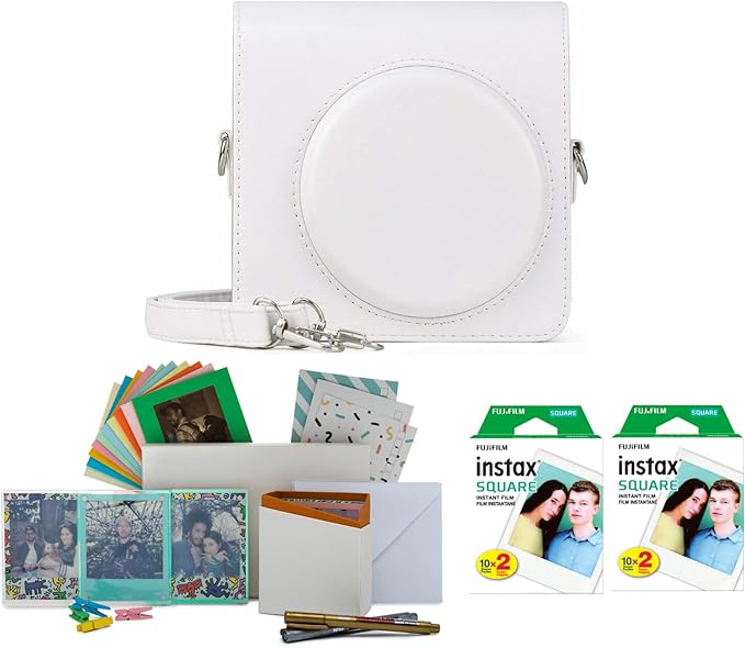 Fujifilm Instax Square Film Twin Pack (40 Exposures) with Case and Storage Box Bundle (White) (4 Items)