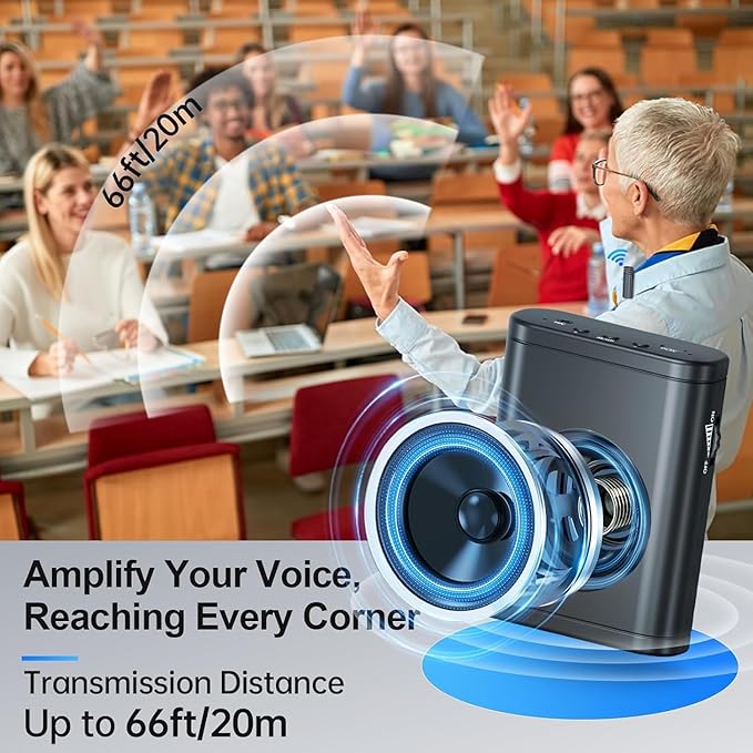 Moman Voice Amplifier for Teachers with Wireless Lavalier Microphone, Zero Whistling, Low Latency, Portable Meagaphone Speaker Mic for Classroom Meeting