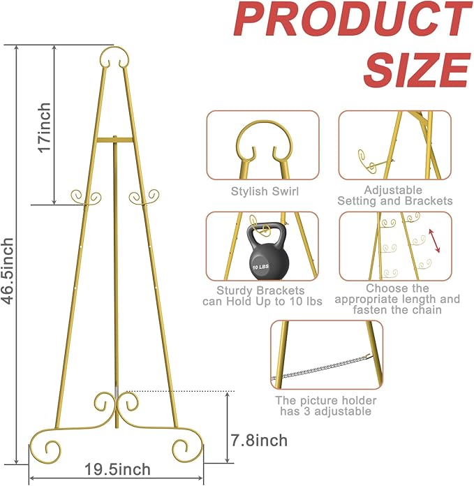 2 Pack Metal Round Tube Scroll Display Easel, Vintage Gold Decorative Large Adjustable Floor Standing Easel with Chain Support, Perfect for Showcasing Pictures, Artwork, Picture Frame Wedding Sign Etc