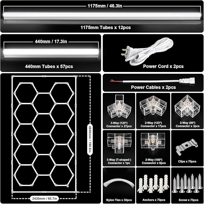 BRILLIHOOD Hexagon Garage Lights Honeycomb LED Hex Light, 672W, 80640LM, 6500K Super Bright, 14 Grid Systems Car Detailing Lights with Rectangular Frame for Garage Warehouse Workshop Basement Gym
