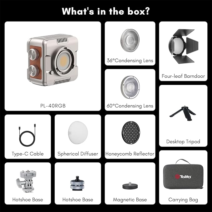 Tolifo 40W LED Video Light, Pocket RGBWW Creator Kit with App Control, Diffusor, Barndoor, Honeycomb Grid, Cold Shoe, Desktop Grip, Hardcase & 20 FX Modes (PalmLED Mini Pl-40RGB)