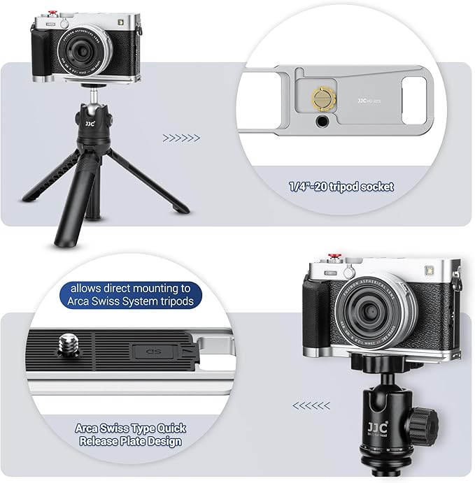JJC Metal Hand Grip L-Bracket & Shutter Button for Fuji Fujifilm X-E5 XE5 Camera, Silicone Handgrip, Anti-Slip Pads with SD Card Holder, Arca Swiss Quick Release Plate & 1/4"-20 Tripod Hole, Silver
