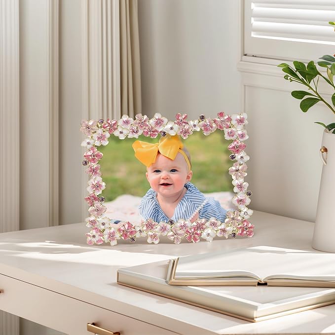 Pink Flower Picture Frame 5x7 Blossom Photo Frame for Tabletop Display, Decorative Flower Design Home Decor