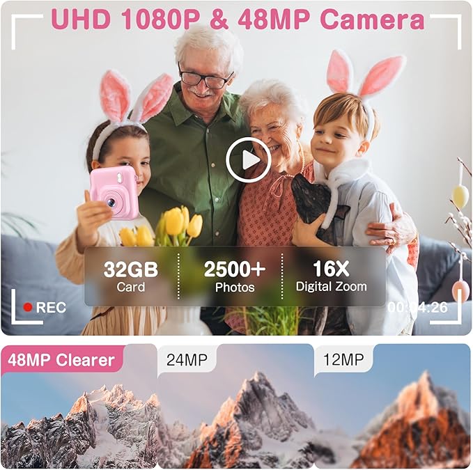 Kids Camera Instant Print, Dual-Lens 48MP Digital Camera for Christmas Birthday Gifts, 1080P Selfie Instant Cameras for Kids with 32GB Card, Instant Print Digital Camera for Girls Boys-Pink