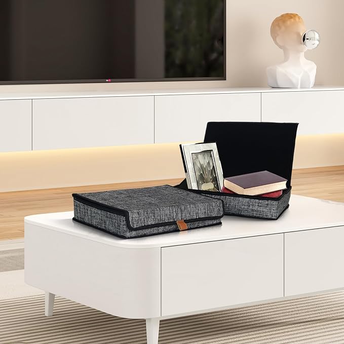 ORGMASTER Photo Storage Boxes with Lids, Memory Box for Keepsakes, Picture Organizer Versatile Linen Containers Basket Collapsible Bin for Organizing Home Office, 2 Pack, 14x10.8x2.5 Inch, Black