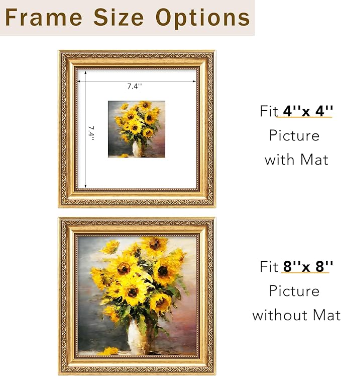 8x8 Vintage Picture Frame with 4x4 Mat Set of 2, Elegant Retro 8 by 8 Photo Frame with Shatter-Resistant Plexiglass for Wall or Tabletop Display, Gallery Decor & Gift, Gold, 2 Pack