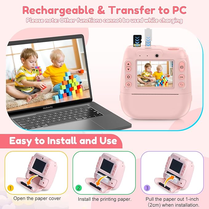 Kids Camera Instant Print, Kids Instant Camera with 1080P Videos, Christmas Birthday Gifts for Girls Boys Age 3-12, Portable Toddler Travel Digital Print Toy for 3 4 5 6 7 8 9 10 11 12 Year Old, Pink