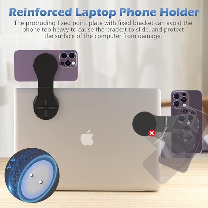 Detachable Magnetic Phone Holder for Laptop & Car, Foldable Desk Phone Stand, Adjustable Magnetic Phone Tripod Mount Adapter with 1/4" Screw Design for MagSafe iPhone and All Phones, Black