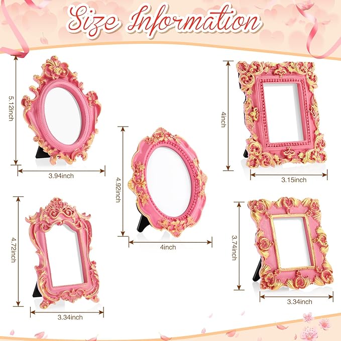 Maitys 5 Pcs Mini Picture Vintage Frames with Stands Tiny Antique Photo Baroque Ornate Resin Oval Frame Table Top Display Home Wedding Decor (Pink Gold)