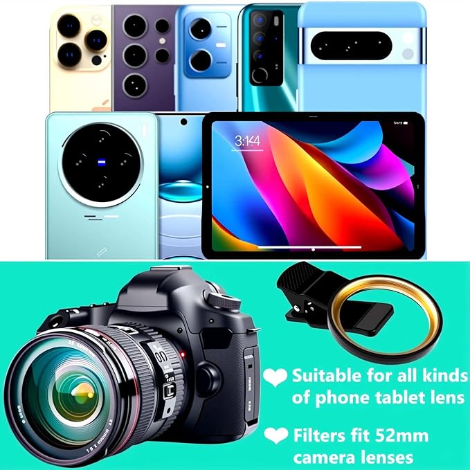 ND Filter for iPhone,Clip-on Phone Lens Adjustable Neutral Density Filter Kit,Variable 2-400 (1-16 Stops) Multiple Coatings, Water and Scratch Resistant.