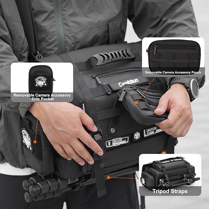 Cwatcun Camera Sling Bag, Waterproof Multifunction Photography Tactica Camera Crossbody Bag with Tripod Holder & Removable Accessory Bags for DSLR/SLR/Mirrorless Cameras - Large