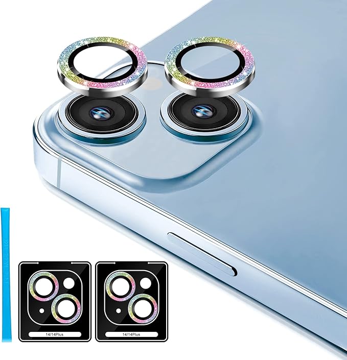 Jeluse 2X2 Pack Camera Lens Protector for iphone 14 Plus for iphone 14, 9H Tempered Glass Screen Protector Cover [Alignment Kit Eazy installation] Metal Individual Ring
