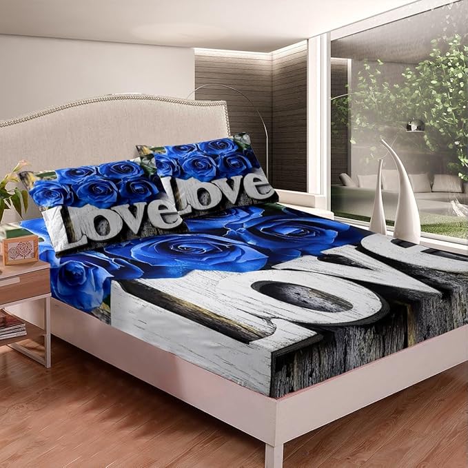 Erosebridal Valentine's Day Bedding Blue Rose Fitted Sheet Rose Love Romantic Moment Print Sheet Sets with 2 Pillowcases Romantic Bed Sheet Blossom Rose Flowers Flat Sheet Elegant 4 Pcs Full Size