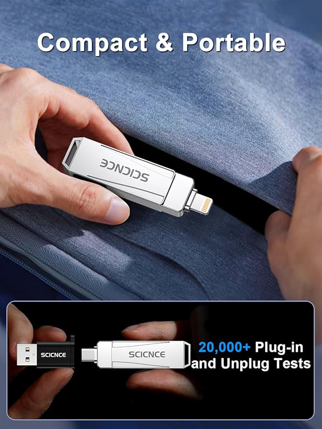 SCICNCE 256GB Flash Drive Intended for iPhone, USB Memory Stick Storage Backup for Photos Videos, Plug and Play No APP Required, Compatible with iPhone iPad Android and Computers (Metal Silver)