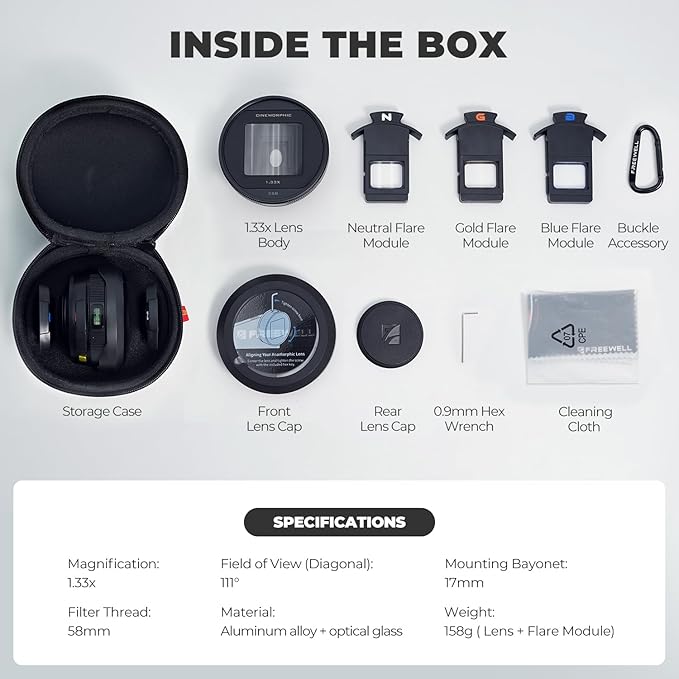 Freewell 1.33x Anamorphic Lens for iPhone & Samsung - 3 Flare Colors in One Lens (Neutral, Gold, Blue) - Cinematic Smartphone Lens with Oval Bokeh - Compatible with 17mm Mount Phone Case & Cage.