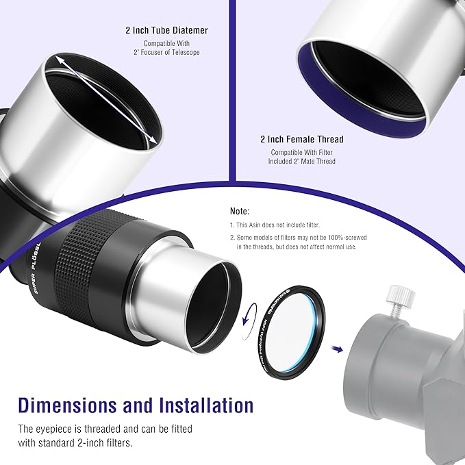 Astromania Super Plossl Eyepiece 2 Inch, Telescope Eyepiece 56mm Fully Multi-Coated Optics, 52 Degree Wide Field 4-Element Design, High Eye Relief for Astronomy Telescope Included 2 Inch Filter Thread