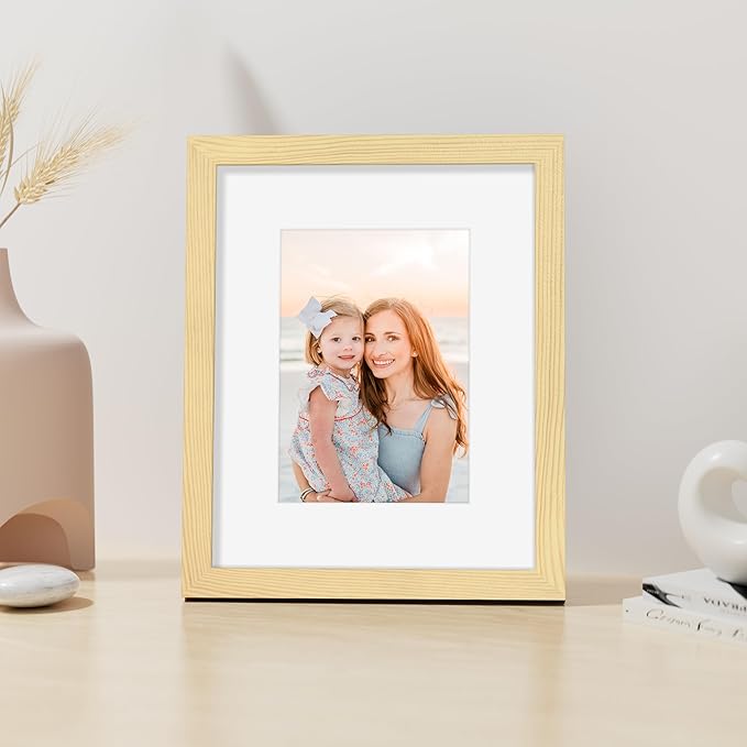 Vittanly 8x10 Picture Frame, Made of Solid Wood and Shatterproof Plexiglass, Display Pictures 5x7 with Mat or 8x10 without Mat, Wooden Photo Frame for Wall Mounting or Tabletop, Natural, 1 Pack
