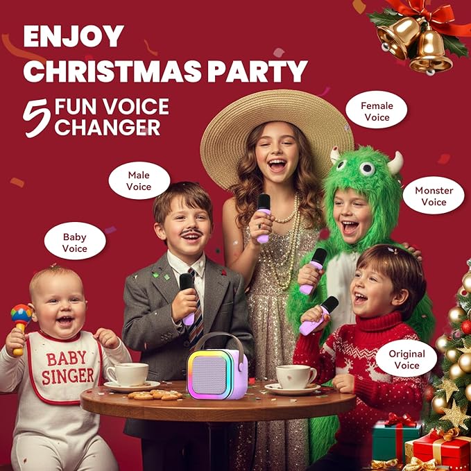 【2025 Newest】 Mini Karaoke Machine for Kids Girls & Boys - Portable Bluetooth Speaker with 2 Wireless Microphones - Kids Birthday Gifts for Ages 4-10 - Kids' Instrument Accessories - Purple